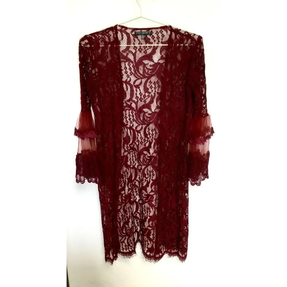 Say‎ What Womens Burgundy Lace Bell Sleeve Open Front Swim Cover-Up Size Medium